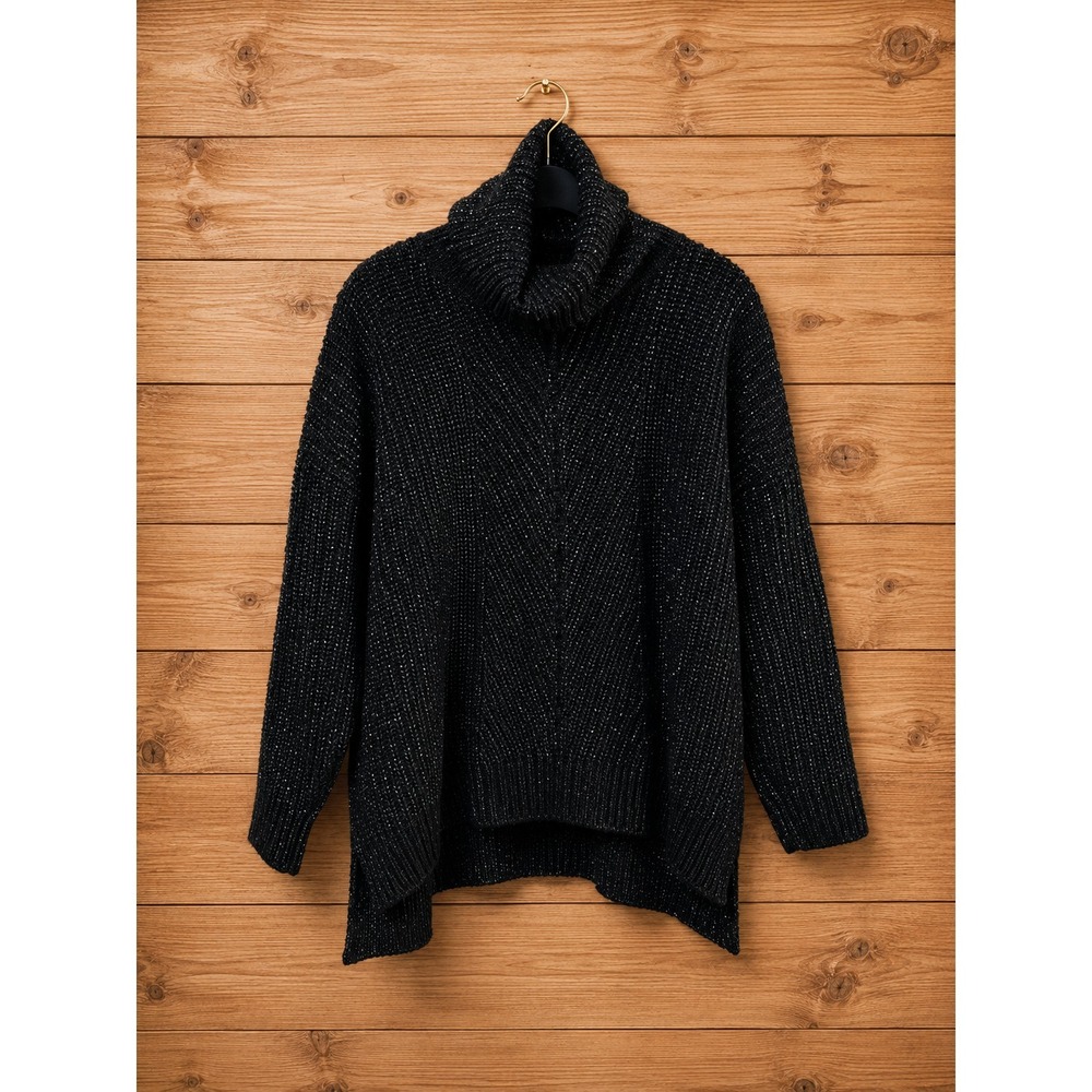 Womens XL Black Metallic Glitter Yarn Cable Knit Turtleneck Oversized Sweater